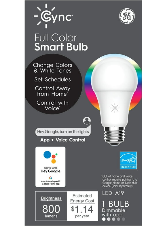 GE CYNC Smart Light Bulb, Full Color, App and Voice Control, Works with Google, 1pk