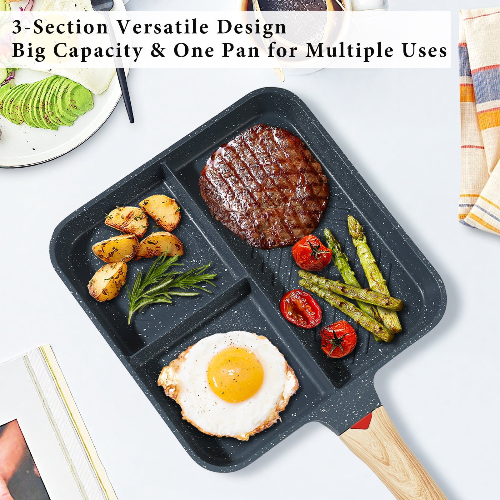 Yunjingjie 3-Section Versatile Breakfast Skillet Nonstick 11-Inch Square Grill Pan Die-cast Aluminum
