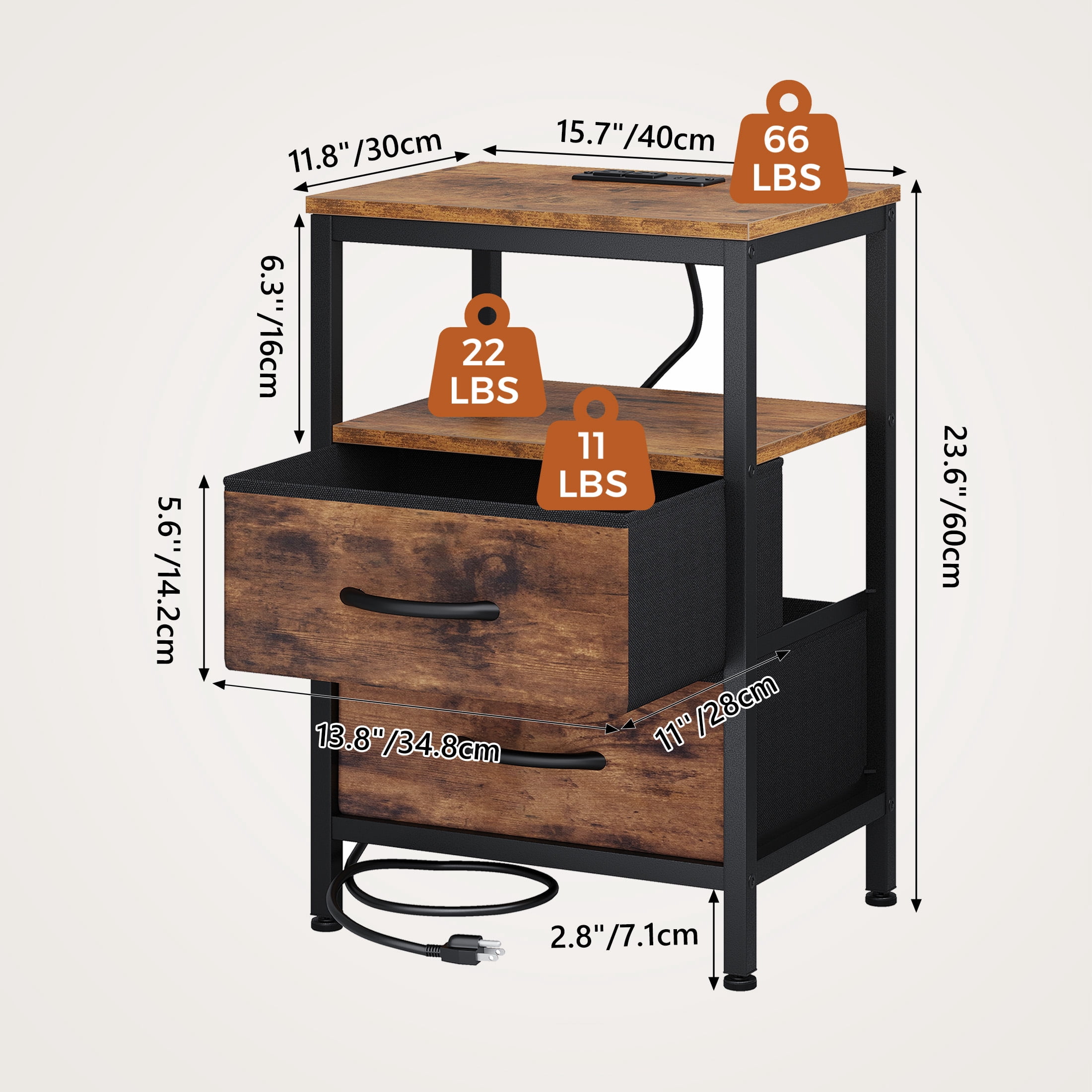 EDX Wall-mounted bedside table, featuring a built-in socket with USB/Type-C interface and adjustable drawers (two). Suitable for bedroom space-saving design. Genuine antique wood color