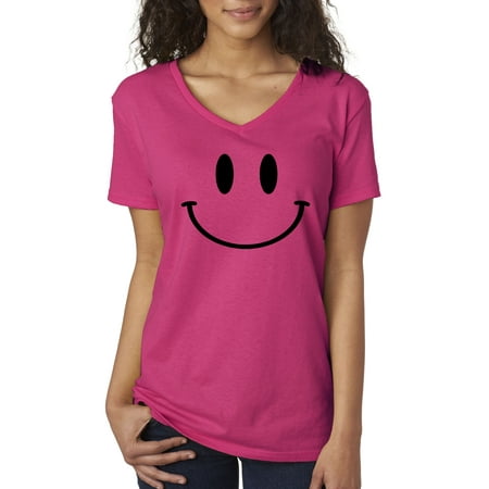 - New Way 849 - Women's V-Neck T-Shirt Smiley Face Emoticon Emoji Happy Smile XL Heliconia