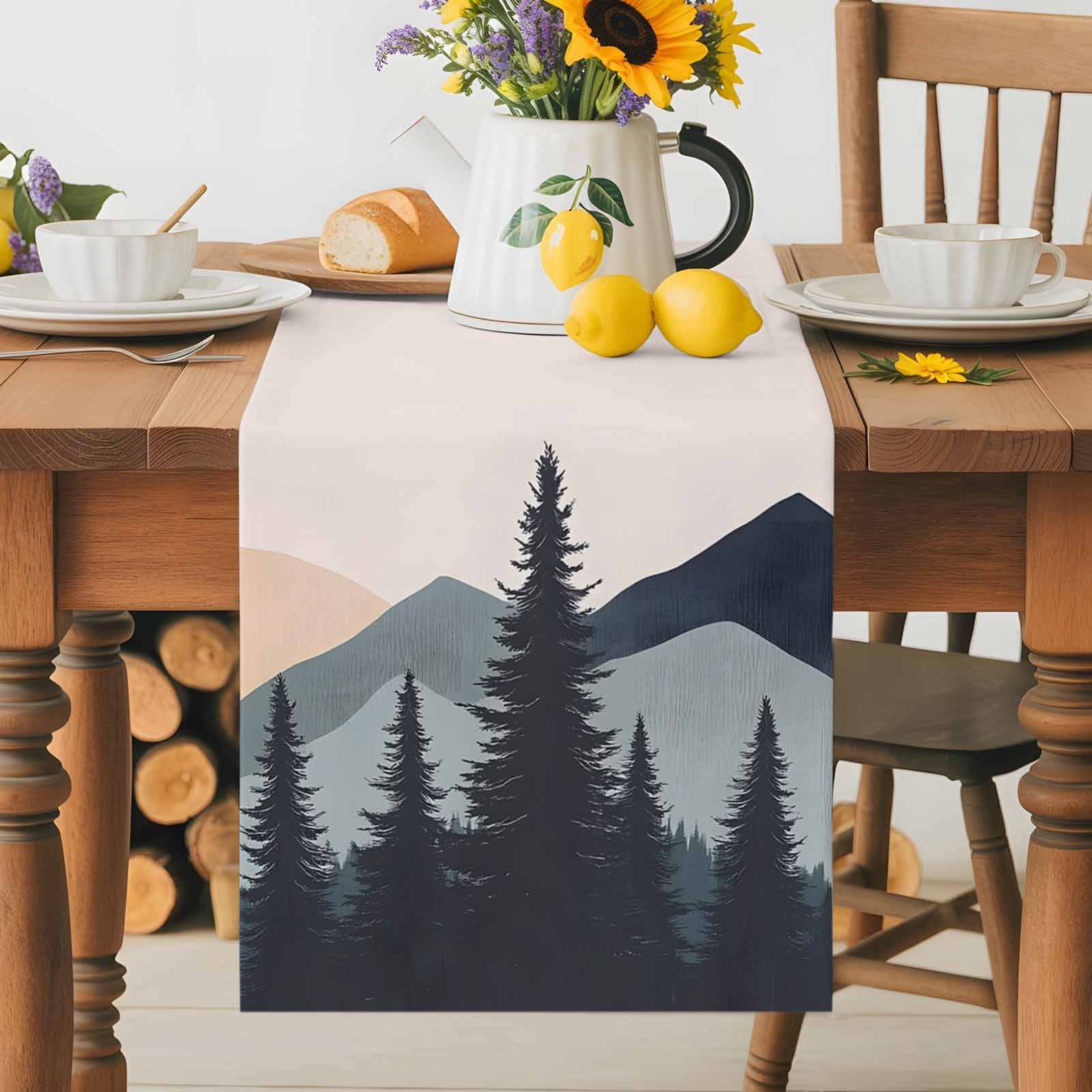 Abstract Tree Mountain Silhouette Table Runner 90 Inches Long, Modern Forest Peaks Landscape Table Runners Tabletop Scarf Kitchen Dining Tables Decoration for Home Party Indoor Outdoor
