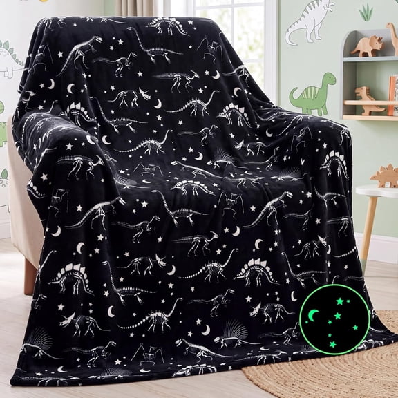 Joyfy Glow in The Dark Blanket Gifts for Girls Boys 50" x 60" Soft Cozy Flannel Kids Throw Blanket–Dinosaur Fossil
