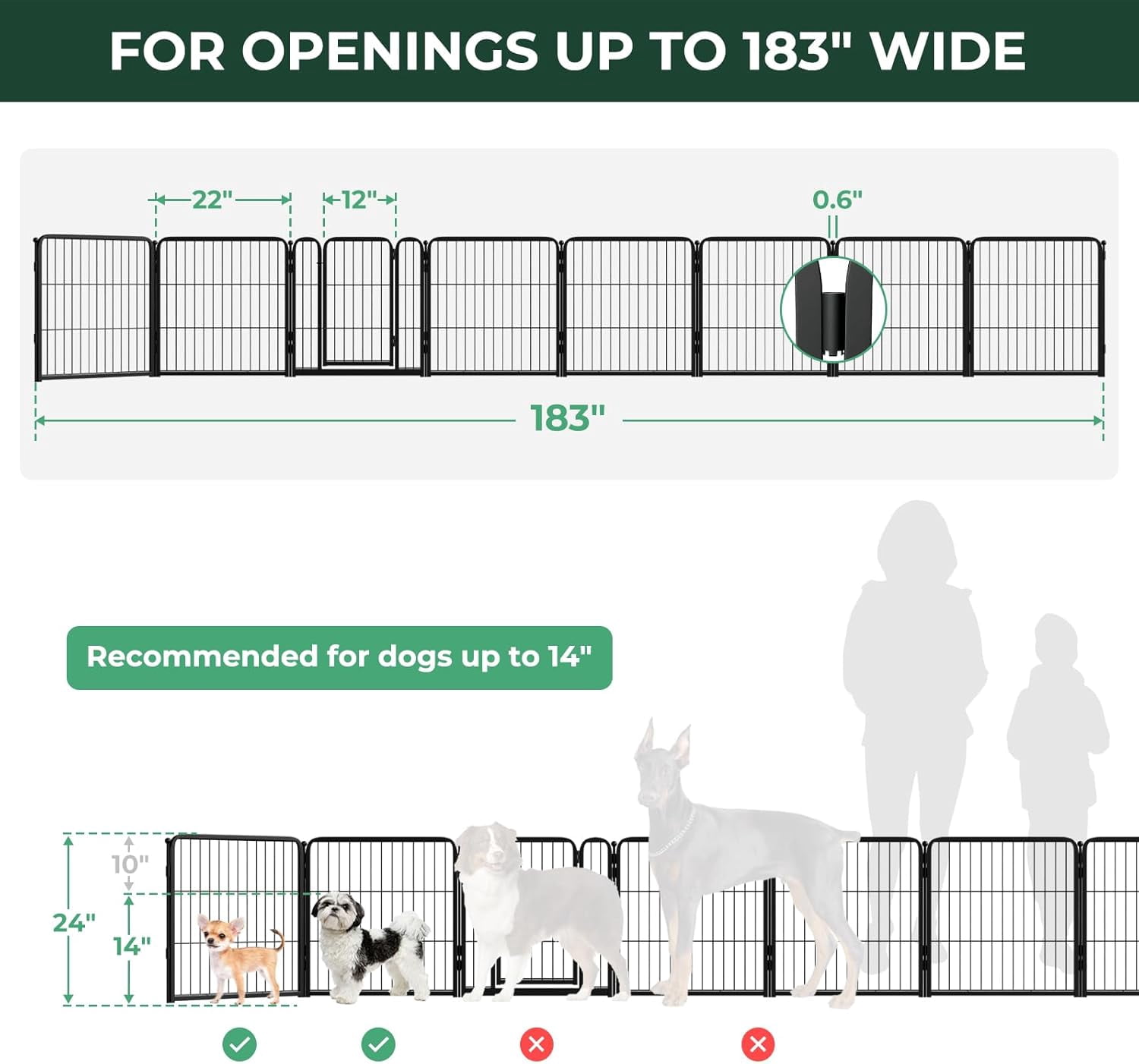 Extra Wide Indoor Dog Gate, Adjustable Width Up to 183 Inches, 24-Inch Height with 8 Wire Panels for Puppies and Small Dogs, Black