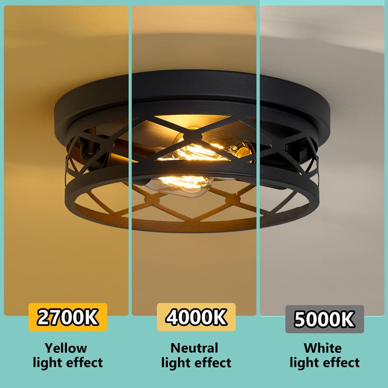 HKMGT Industrial Round Diamond Grid 2-Light Flush Mount Ceiling Light, Matte Black, E26 Base, for Kitchen Hallway Entryway (Bulbs Not Included)