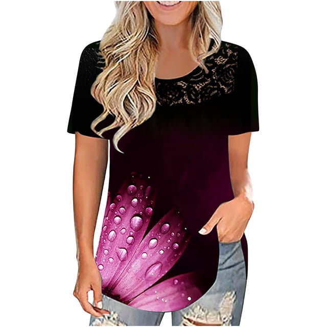 Pompotops Mode T-shirt Décontracté à Manches Courtes en Dentelle Col Rond Imprimé pour Femmes