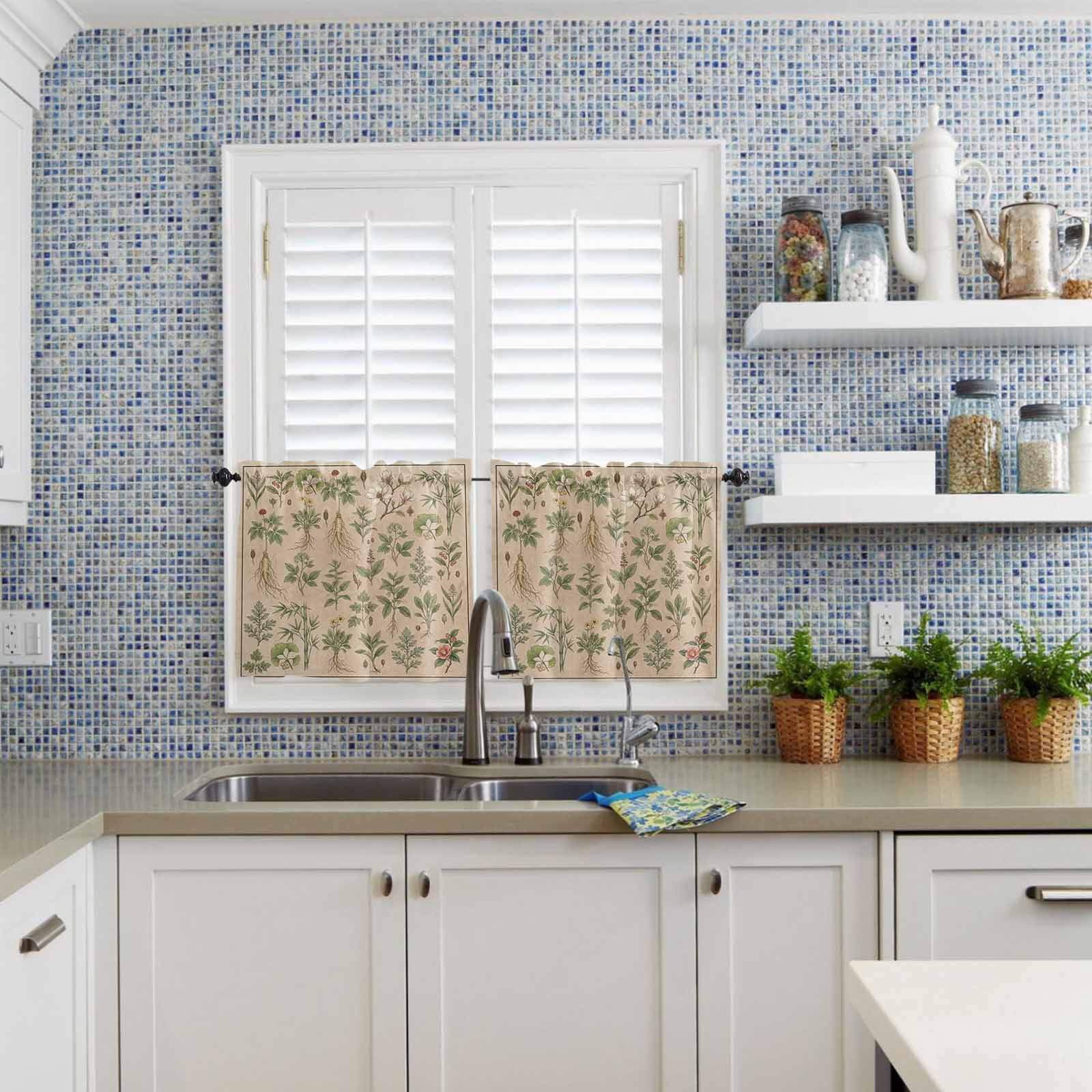 Herbs Kitchen Curtains Valance and Tier Set Retro Green Red Herbs Plant Wildflower Linen Texture Rod Pocket Short Curtains for Small Window 3 Pieces Set for Bedroom Cafe (54" x 18"+27" x 24")