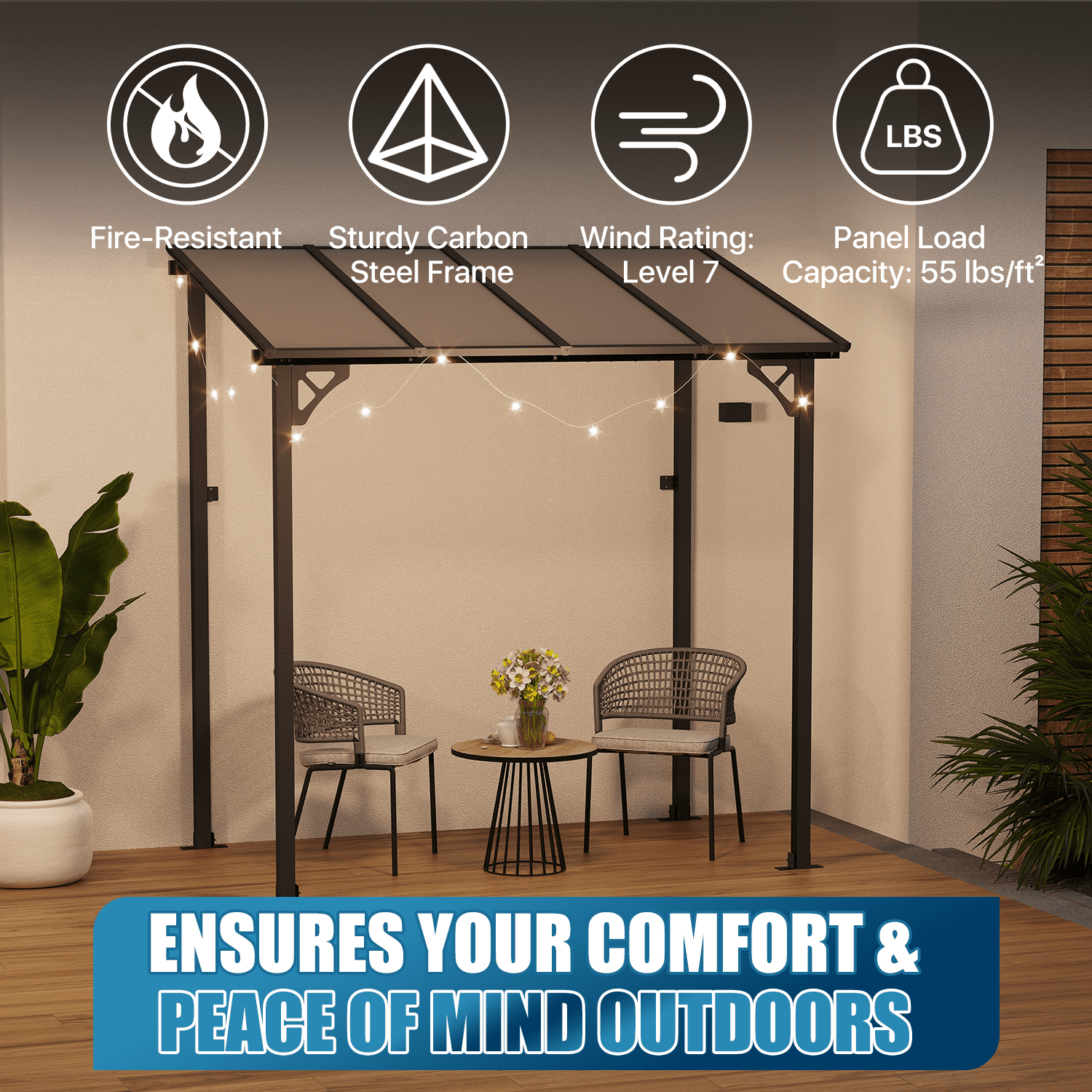 BaPiPro Outdoor Hardtop Gazebo for Patio 8' x 5', Wall-Mounted Lean to Gazebo Pergola with Roof