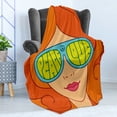 thumbnail image 4 of 70s Party Soft Flannel Fleece Blanket, Red Haired Girl with Sunglasses Retro Typography Hippie with Love and Peace Print, Cozy Plush for Indoor and Outdoor Use, 50" x 60", Multicolor, by Ambesonne, 4 of 5