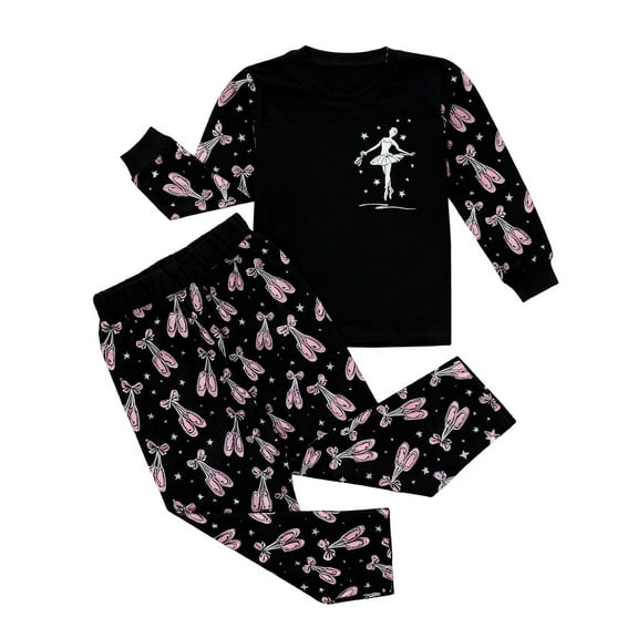 CAIVO Child Long Sleeve Tops Pants Girls Ballet Print Outfits Two Piece Clothes Sets Outfit Home Soft Comfortable Sleep Outfit Kids 7-8 Years