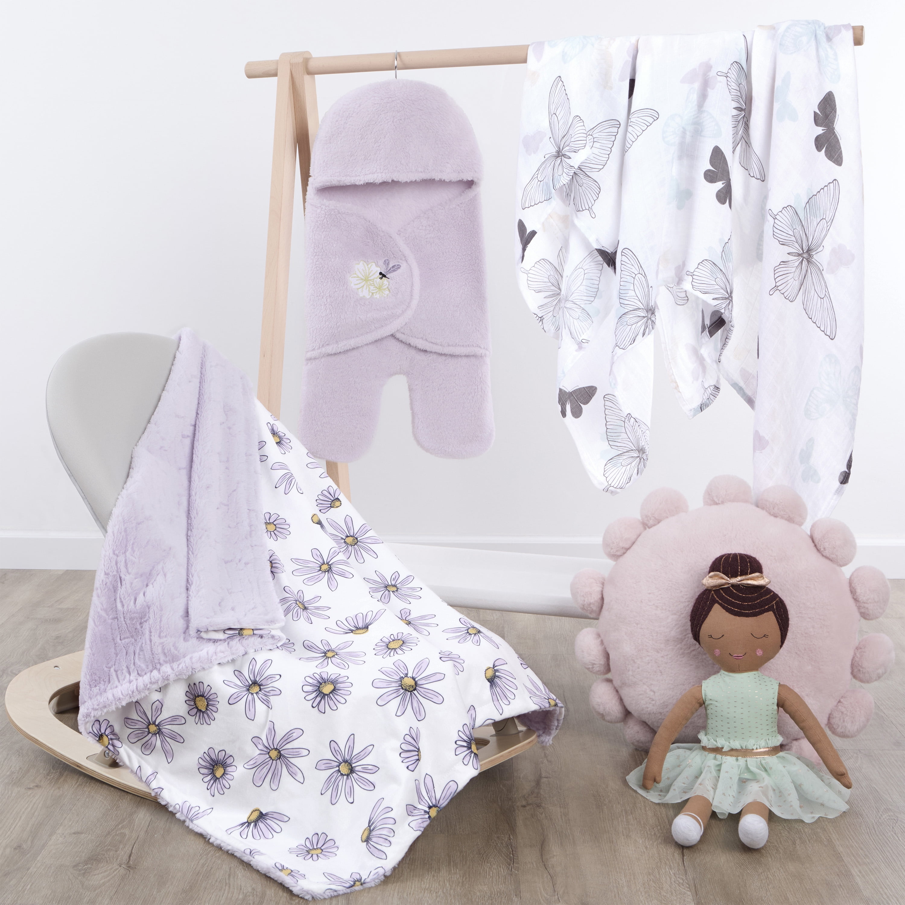 Evolur Secret Garden 3 pc Gift Set - Sherpa Sack Wrap, Muslin Wrap & Velour Blanket, Garden Print