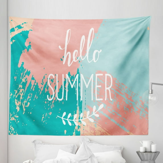 Saying Tapestry, Hello Summer Lettering Image with Splash Colored Like Background Work of Art Print, Fabric Wall Hanging Decor for Bedroom Living Room Dorm, 5 Sizes, Multicolor, by Ambesonne