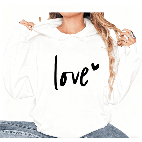 Women's White Hoodie Graphic Tees "Love" Script Typography Pattern Shirts S-2XL Casual Daily Tops