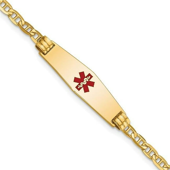 Primal Gold 14 Karat Yellow Gold Medical Soft Diamond Shape Red Enamel Anchor Link Child ID Bracelet