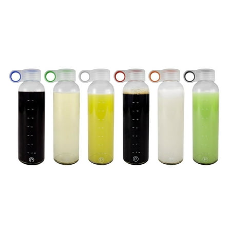 Pratico Kitchen Glass Bottles with Colored Loop Caps - Water, Tea, Juice, Smoothie, Clear Drinking Bottle - 18 oz, 6