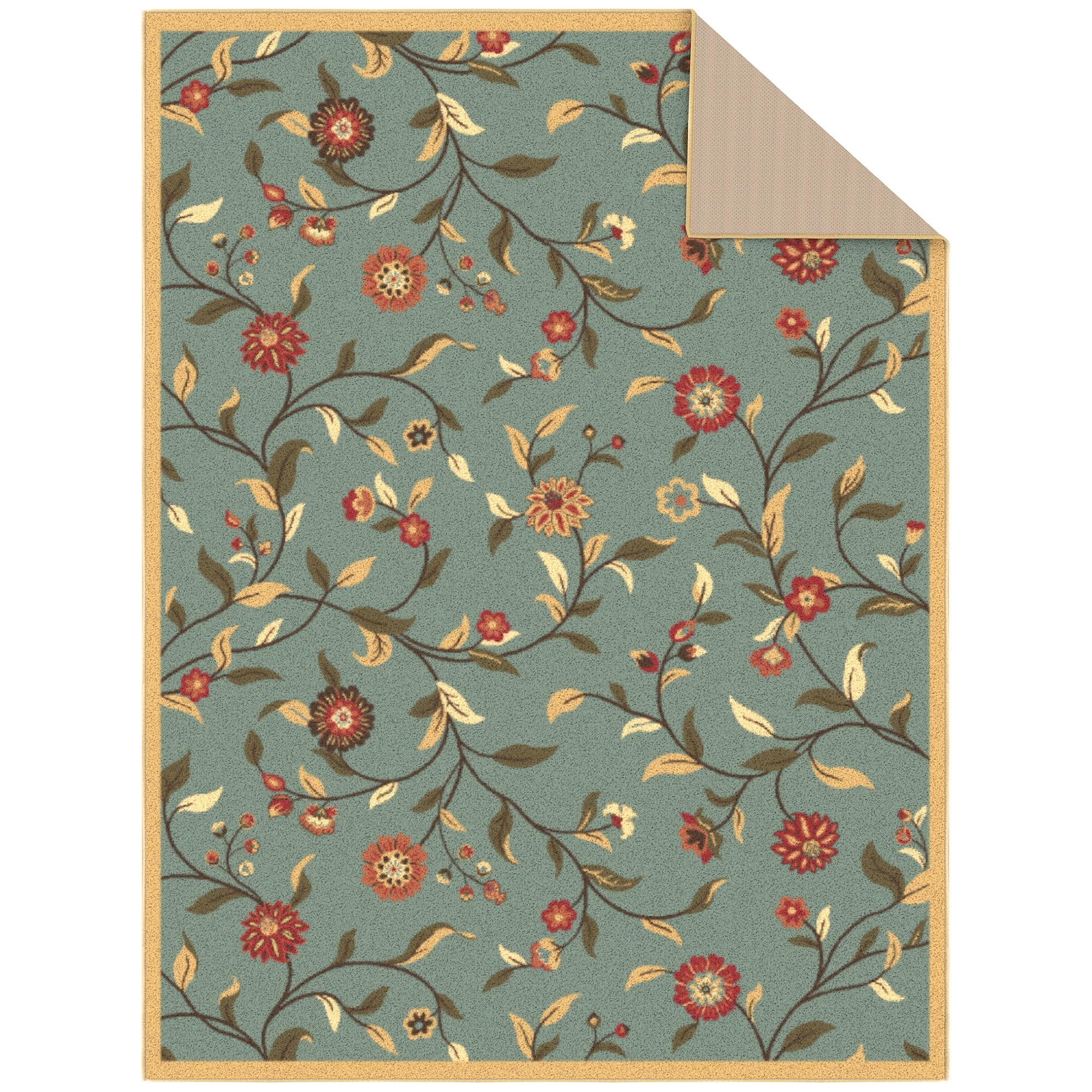 Ottomanson Floral Area Rug 5' x 6'6" - Non Slip Low Pile Carpet, Seafoam Green