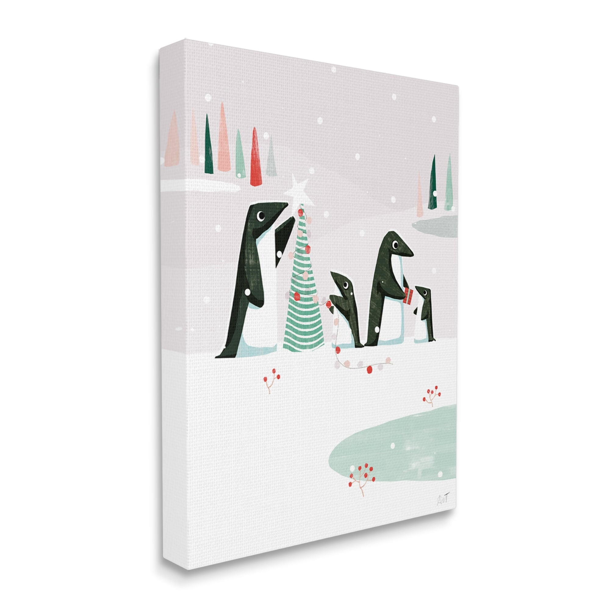 Stupell Industries Penguins Decorating Christmas Tree Holiday Painting Gallery Wrapped Canvas Print Wall Art