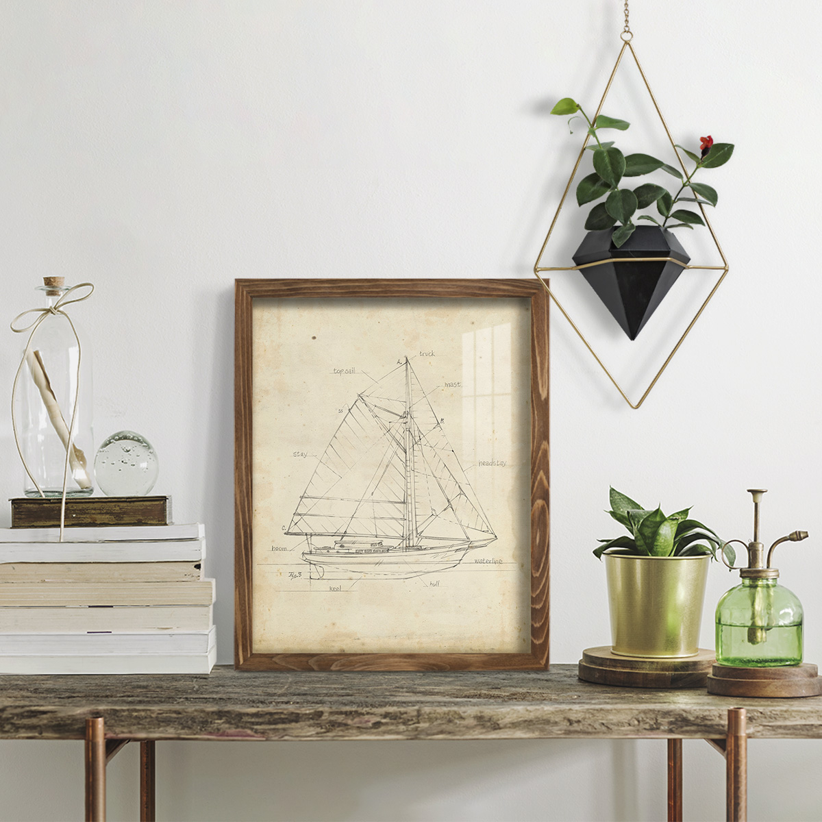 Sailboat Blueprint III -Framed Print w/glass-Walnut