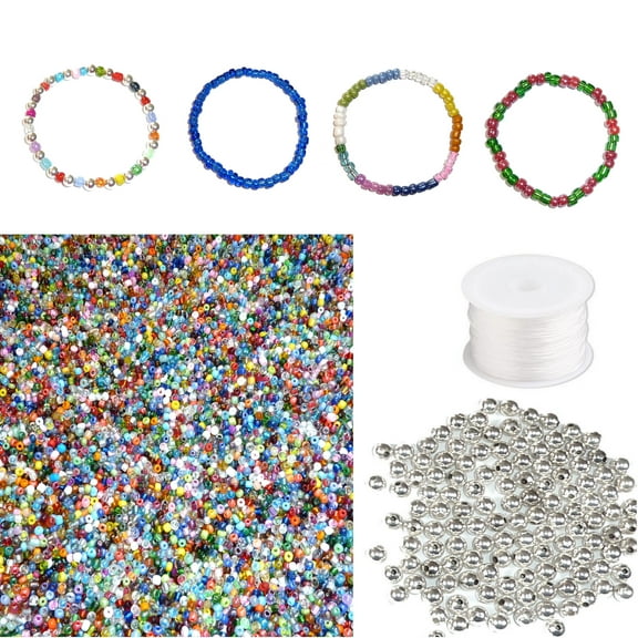 Beading Kit - 3/4 Pounds Assorted Seed Beads With Silver Beads and Stretch Cord, Loose Pony Beads for Craft, Bracelet, Jewelry DIY Projects, Beading Kit, 4mm Size 6/0