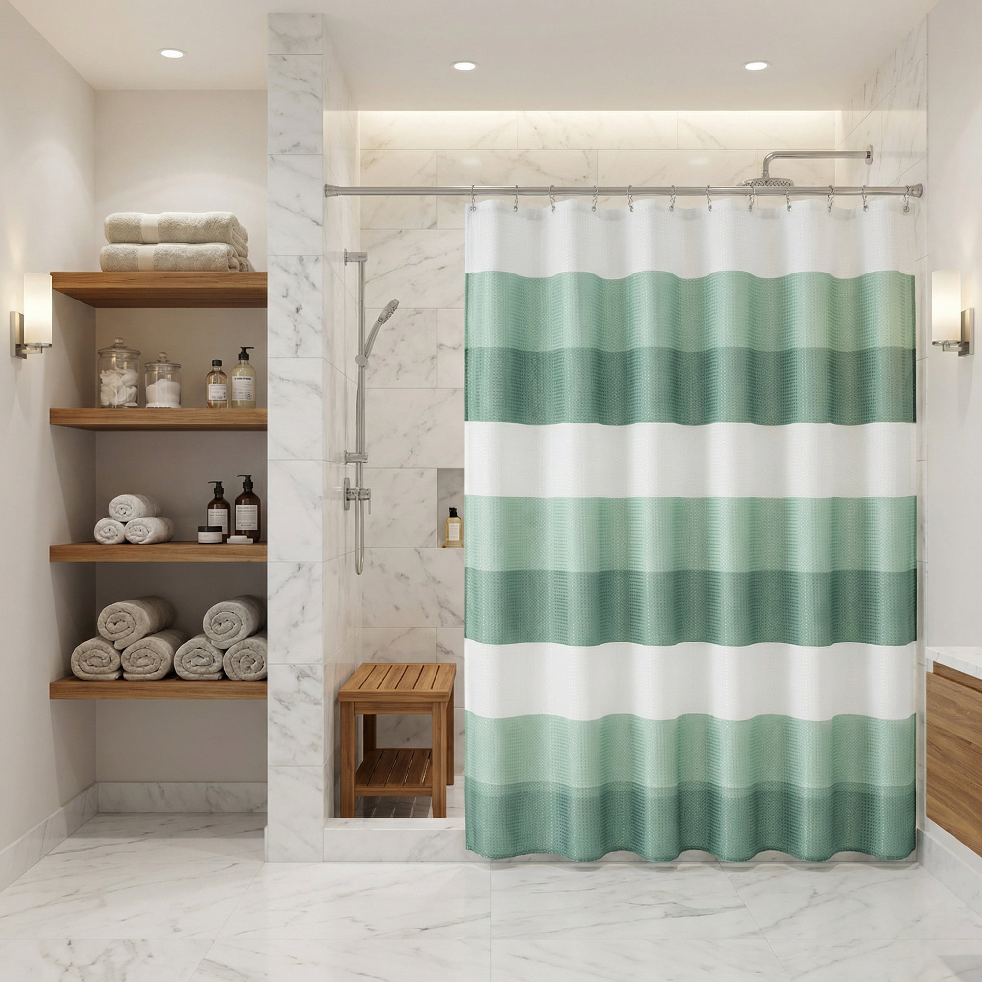 Unique Bargains Waffle Stripe Shower Curtain Sets with 12 Hooks Green 71"W x 71"L