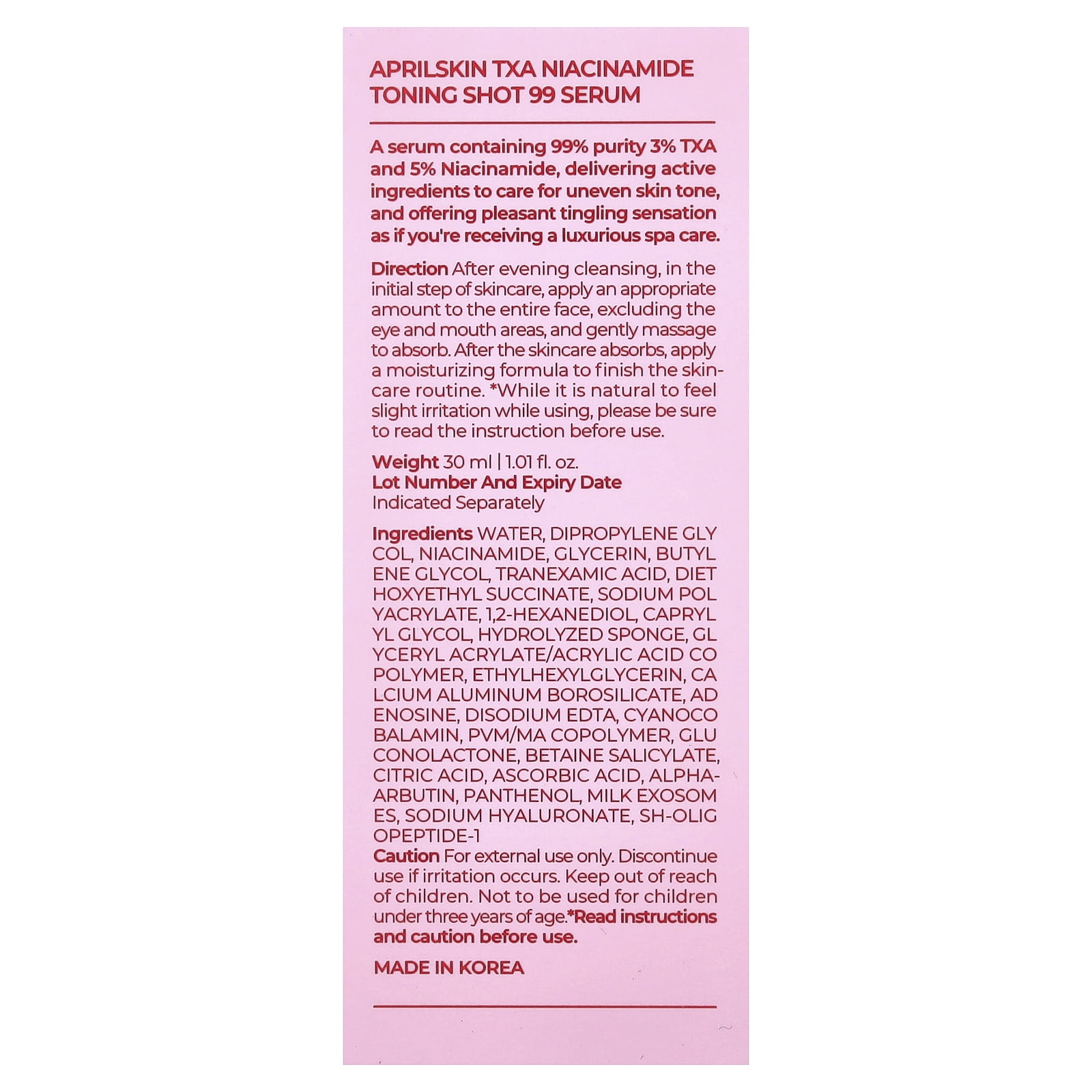 April Skin TXA Niacinamide Toning Shot 99% Serum, 1.01 fl oz (30 ml)