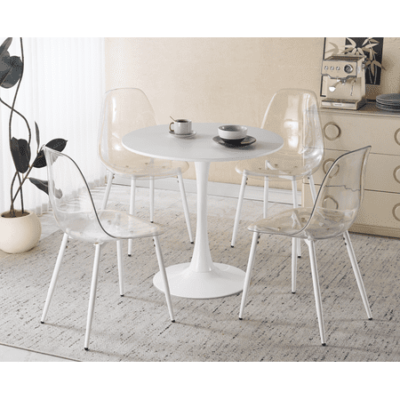Dining Set 5-Piece Round Marble-Patterned Pub Table and 4 Chairs MDF and Metal Construction Matte White Finish Modern Compact Furniture for Home Bar and Kitchen Dining Space
