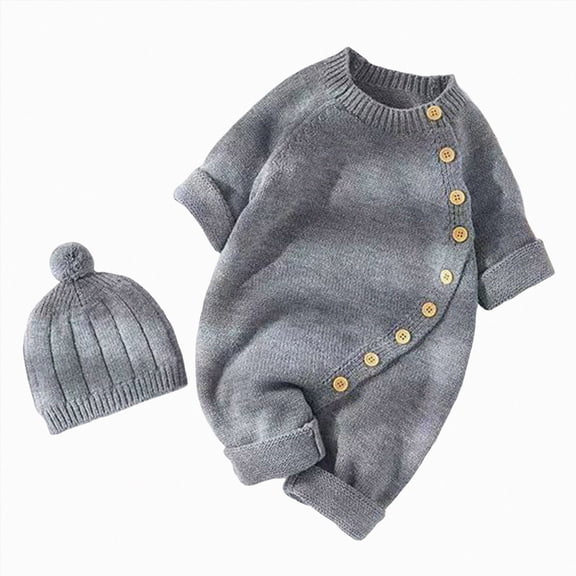 WUANDIXFA Newborn Winter Clothes Girl Cute Romper Knit Romper with Hat Side Button Long Sleeve Baby Sweater Jumpsuit Preemie Outfit,Dark Gray,9-12 Months