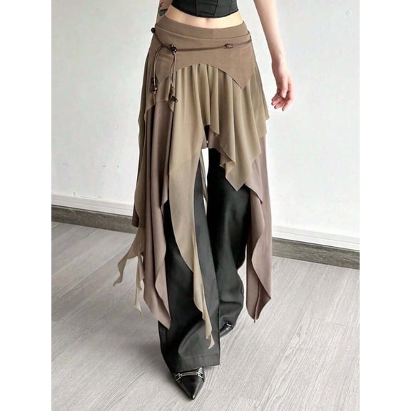 Khaki Asymmetrical Handkerchief Hem Skirt, Flowy Layered Chiffon Midi Skirt, High Waist Womens Skirt