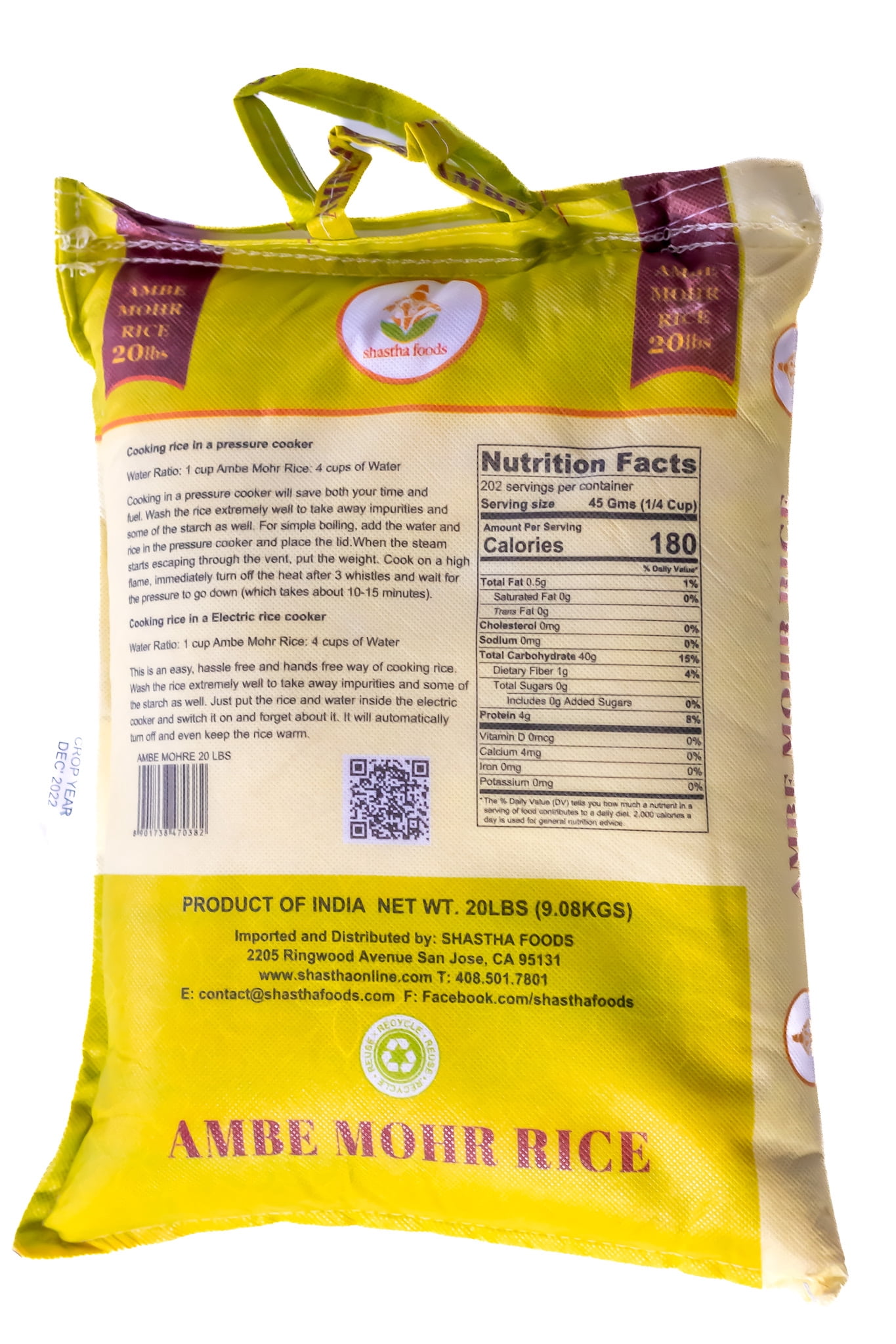 Shastha Foods Ambe Mohr Rice, Gluten-Free and Nut-Free, 20 lbs, pack of 1