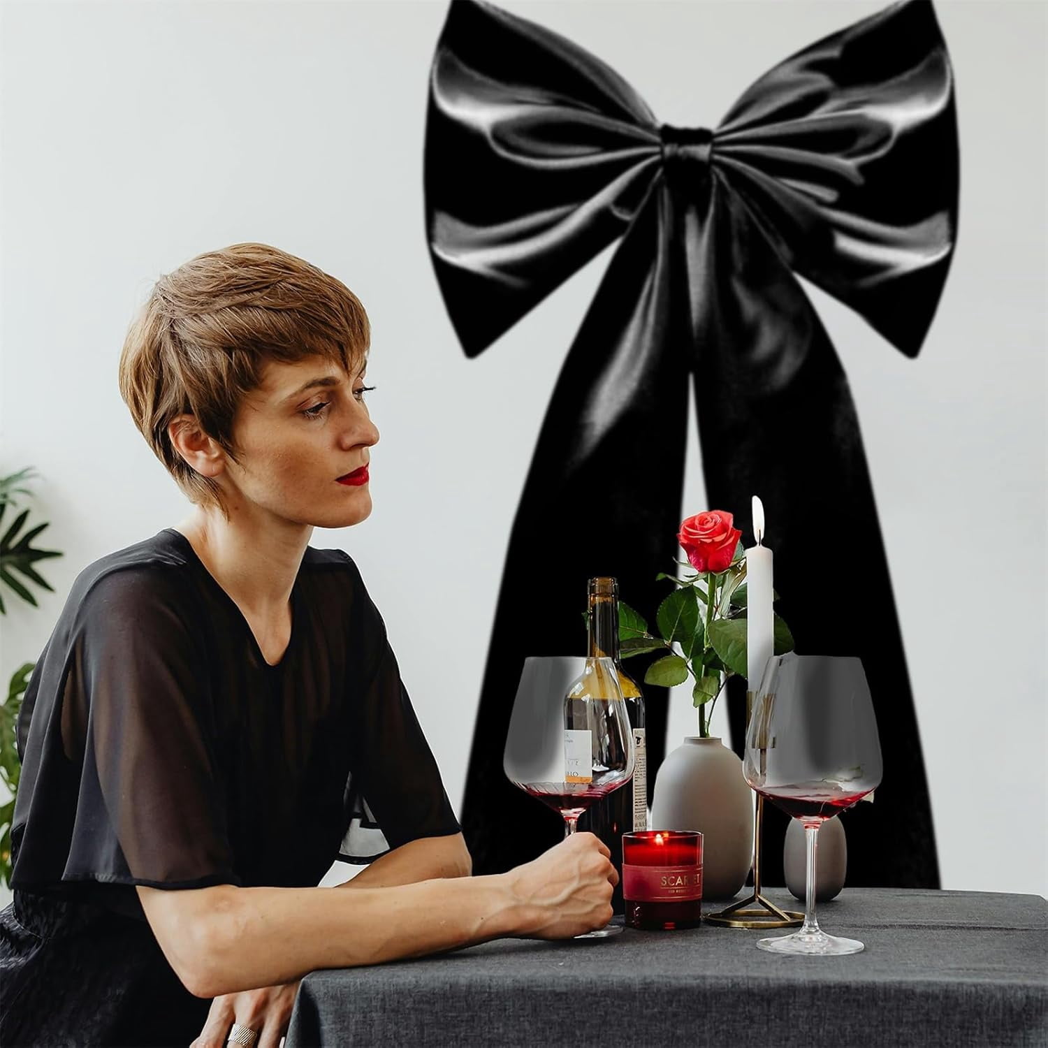 Coquette Large Satin Bow, 24 x 42 Inches, Giant Black Bow Ribbon Tie for Coquette Room Decor, Birthday Party Backdrop Wall Decoration (Black)