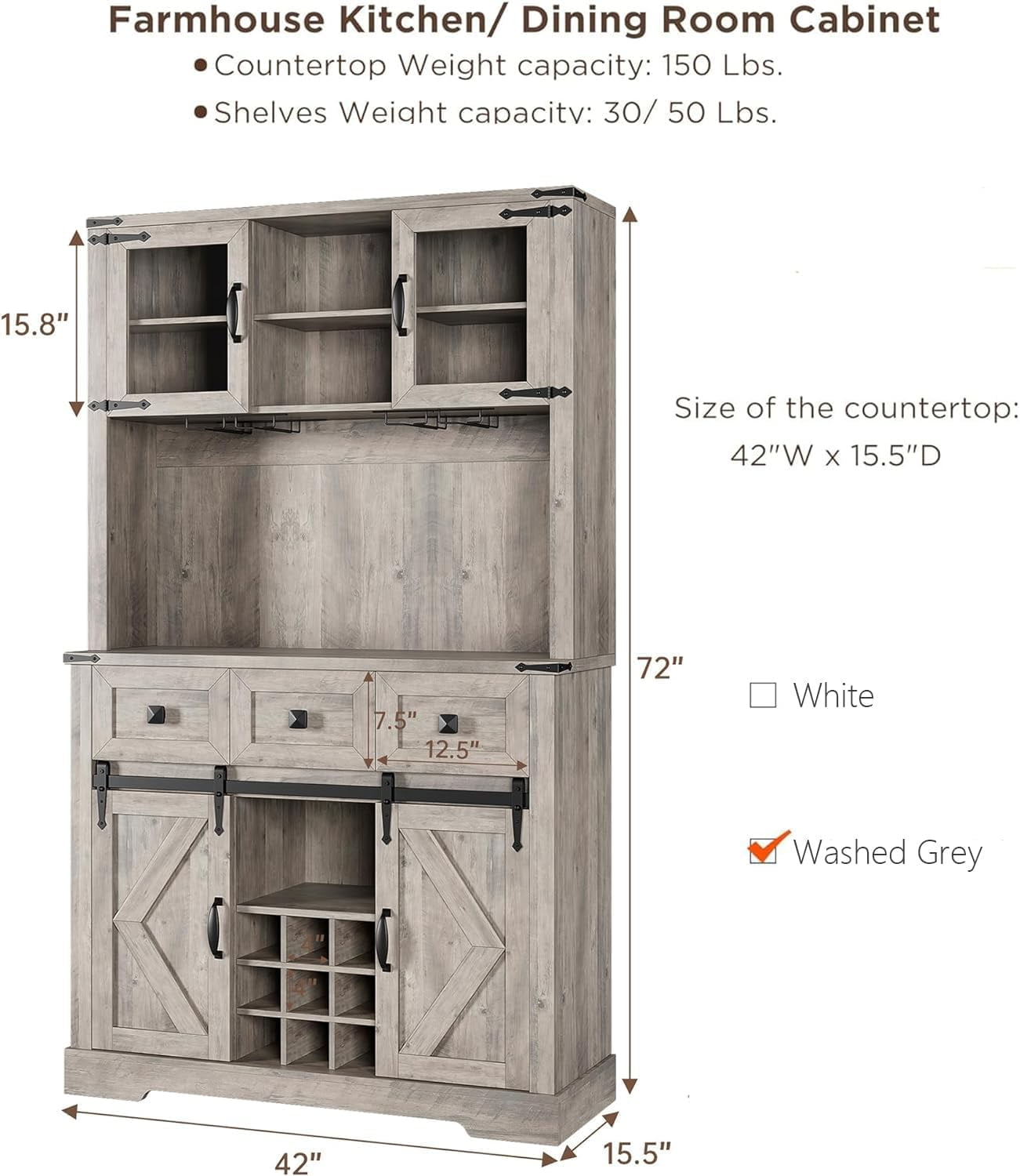 Homhougo 72" Kitchen Pantry Storage Cabinet with Hutch and Sliding Barn Door, Farmhouse Tall Buffet Cabinet with Drawers, Large Coffee Bar with Wine & Glasses Rack, for Home Living Room, Grey
