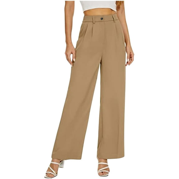 qolati Dress Pants Women High Waisted Business Casual Straight Legs Work Pants Summer Loose Pleated Wide Leg Lounge Pants with Pockets