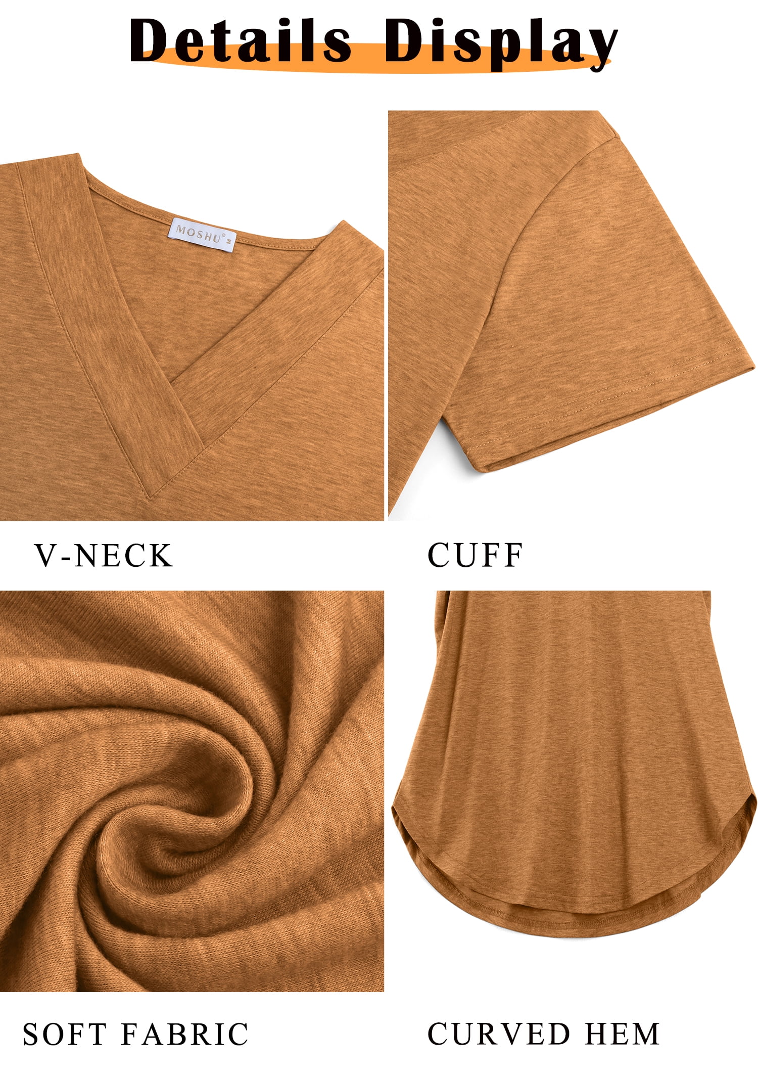 MOSHU Deep V Neck Womens Tops Curved Hem Shirts for Women Fashion Trendy Blouses Casual Loose Fit Tees Tops