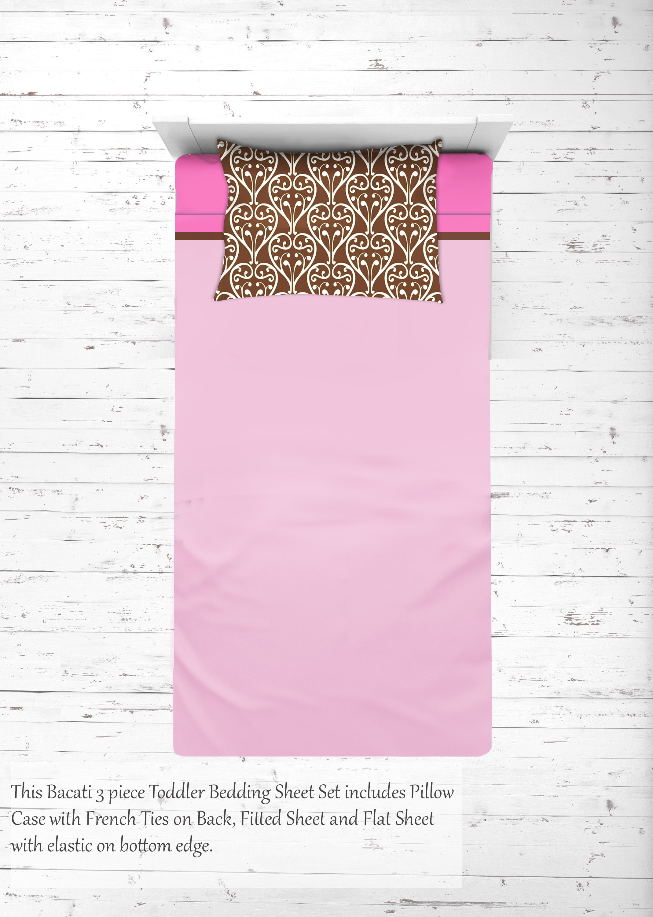 Bacati - Damask 3-Piece 100% Cotton Percale Toddler Sheet Set, Pink/Chocolate