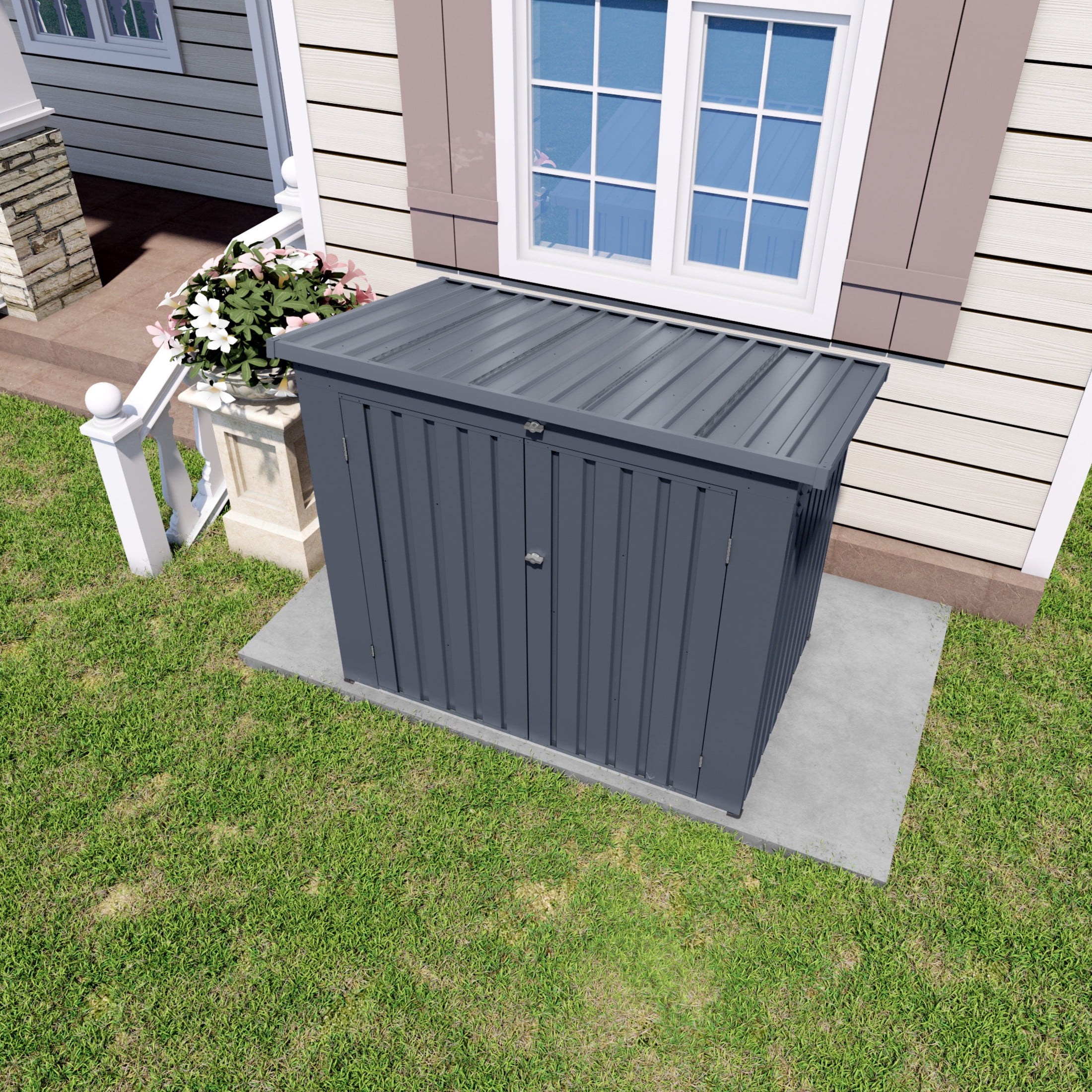 Noble House Outdoor Trash Can Storage Shed for 2 Bins, Metal Garbage Bin Enclosure with Lid, Gray