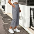 thumbnail image 6 of Lmueinov 2026 Women's Drawstring Elastic High Waist Cotton Linen Cropped Wide Leg Pants, Side Button Decor Loose Capri Casual Trousers Summer Daily Vacation Wear S-XXL, 6 of 6