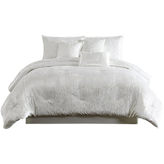 Jay 7 Piece Queen Comforter Set, White Polyester Velvet Deluxe Texture- Saltoro Sherpi