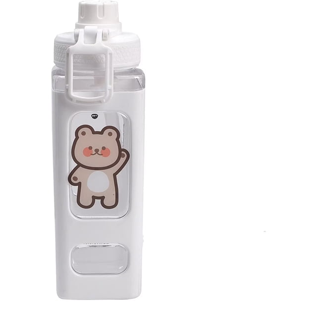 Botella de agua de oso Kawaii con pajita, botella de agua cuadrada portátil de plástico para deportes para niñas lindas, tazas de agua para té y jugo, 700ml (blanco, 700ml) JAMW Sencillez