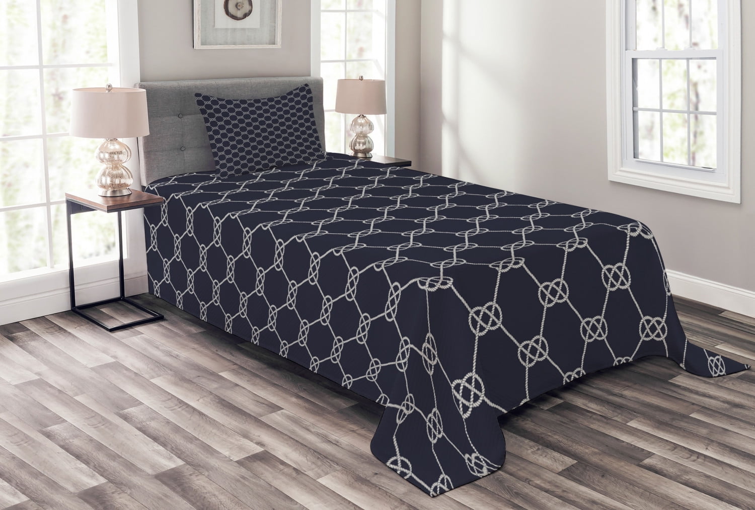 Navy Blue Bedspread Set Twin Size, Navy Inspired Sailor Knot Rope