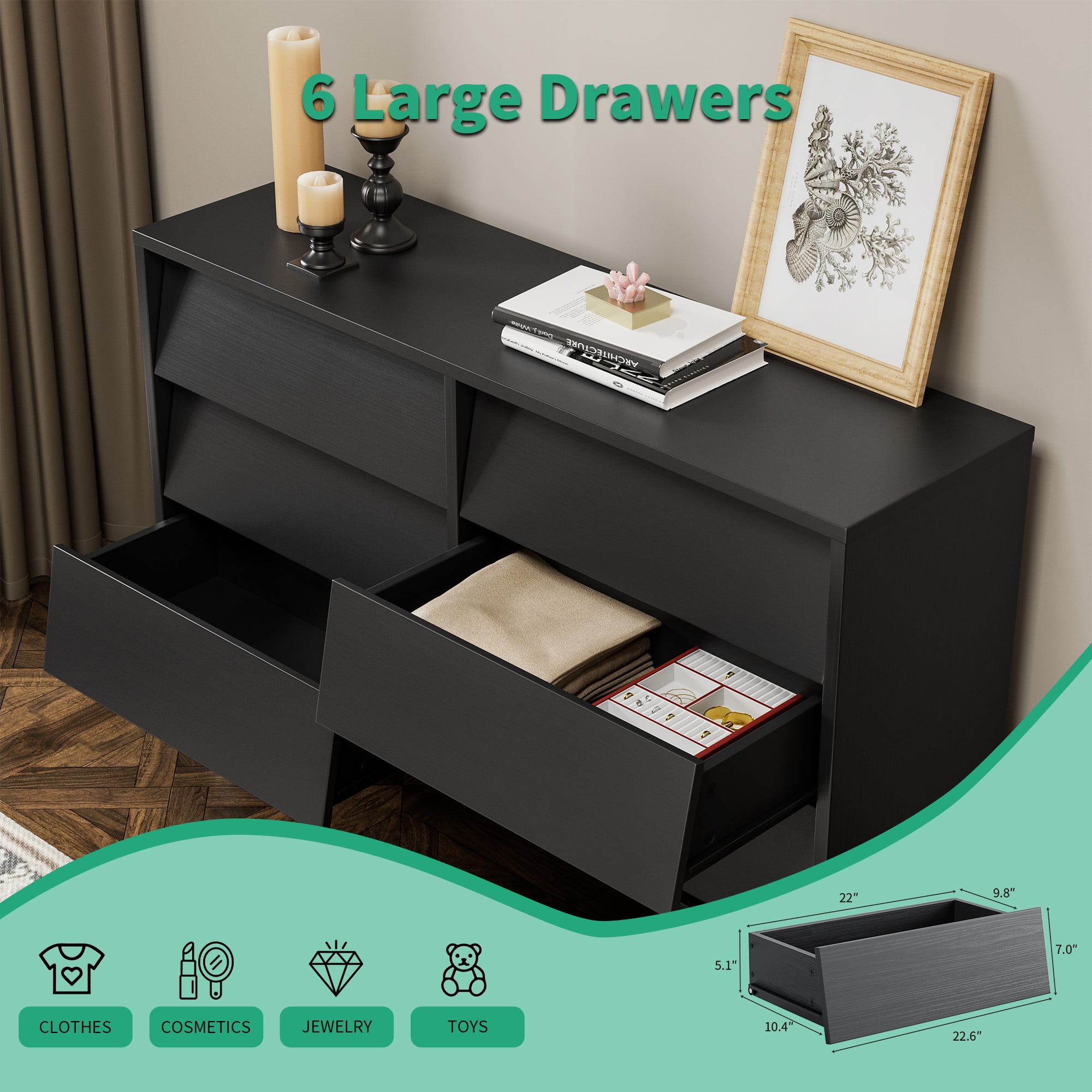 Finihen 6 Drawer Double Dresser Features Vintage-style and Bevel Design, Dresser For Nursery, Kids, Chest Of Drawers, Black Finihen 6 Drawer Double Dresser Features Vintage-style and Bevel Design, Dresser For Nursery, Kids, Chest Of Drawers, Black