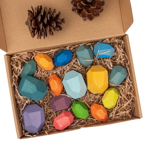 Natural Wood Toy Colored Wooden Stones Stacking Game Rock Blocks Educational