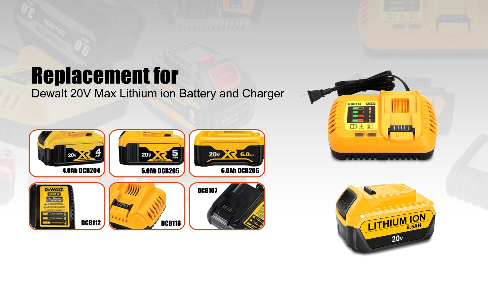 20V Max 8.5Ah Extended Capacity Battery and Charger Kit for DEWALT 20V Max XR Battery and Charger Combo 8.0Ah DCB208 7.0Ah DCB207 6.0Ah DCB206 5.0Ah DCB205-2 4.0Ah DCB204-2 Lithium Battery + Charger