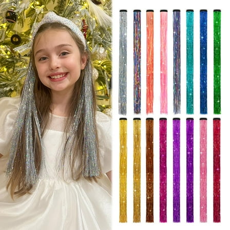 Clip in Tinsel Hair Extensions, Colored Hair Extensions for Girls, Glitter Tinsel Strands for Kids, 16 PCS
