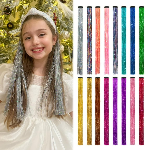 Clip in Tinsel Hair Extensions, Colored Hair Extensions for Girls, Glitter Tinsel Strands for Kids, 16 PCS