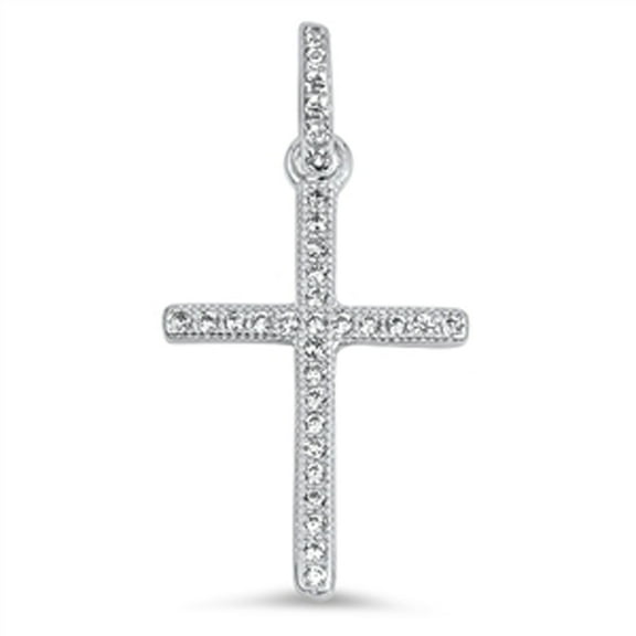 Sterling Silver Thin Studded Navette Cross Pendant Clear Cubic Zirconia Charm Jewelry Female Unisex