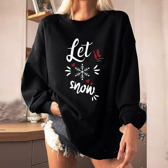 kayannuo Fall Clothes For Women Women Christmas Print Loose O-Neck Long-Sleeved Fleece Oversized Sweatshirt Pullover Black