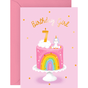 Seventh Birthday Card for Girls - Happy 7th Birthday Card - Age 7 - Seven Year Old - Rainbow Cloud and Unicorn for Kids - Daughter - Granddaughter - Comes With Fun Stickers - By Central 23