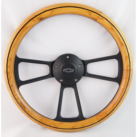 62-63 Chevrolet Chevy II, Nova 14" Unstained Oak Burn Wood Billet Black Steering Wheel Set Adapter & Horn