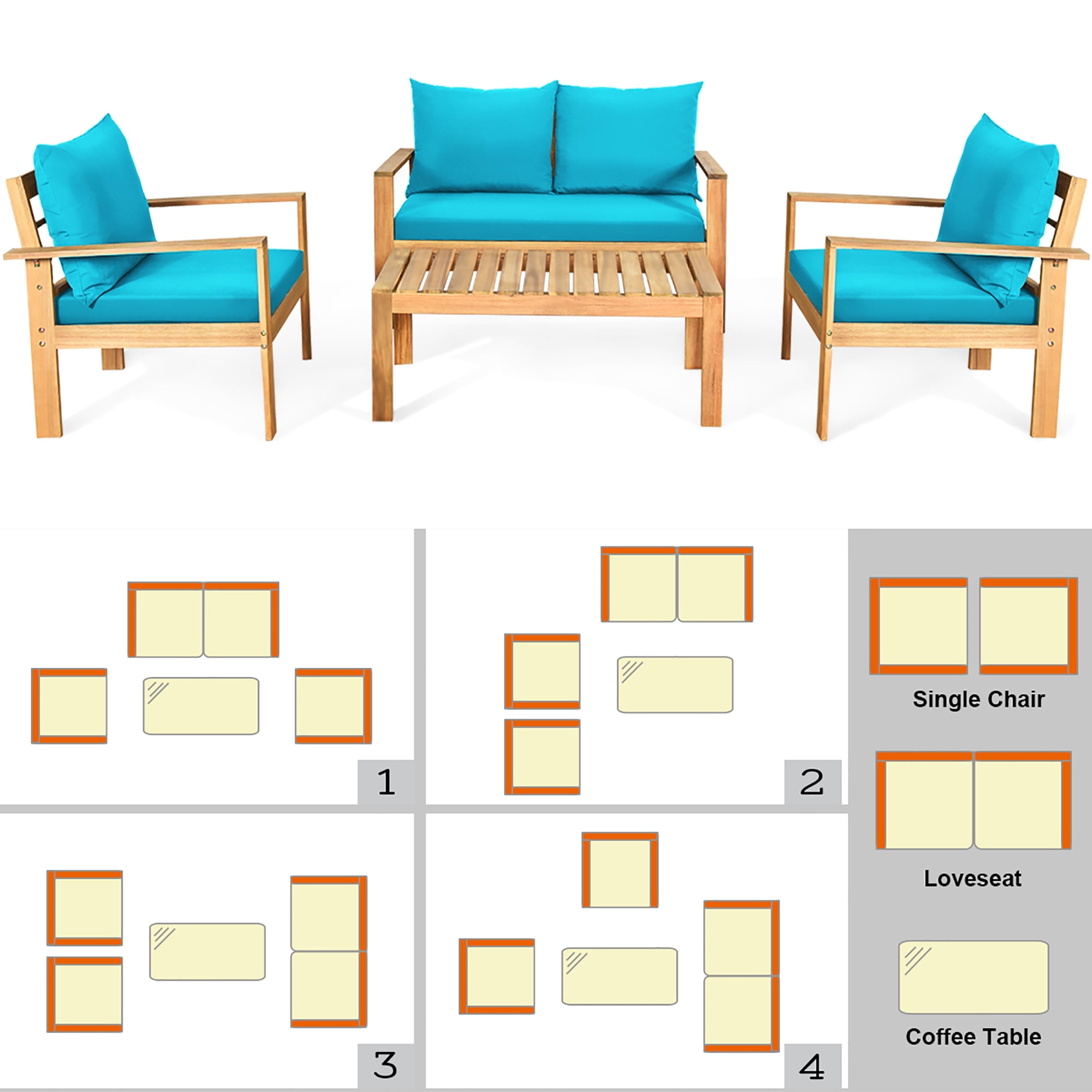 Costway 4PCS Patio Furniture Set Acacia Wood Thick Cushion Loveseat Sofa Turquoise