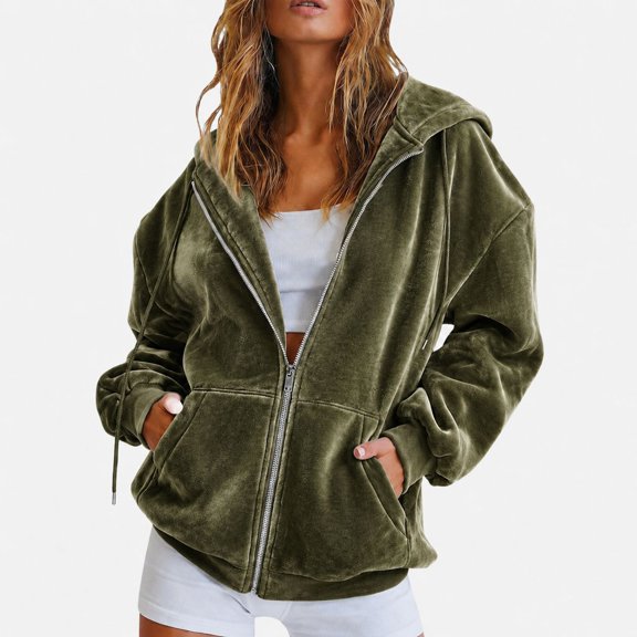 Oversized Sweatshirt Jacket Women Velvet Zip Up Hooded Sweatshrit Jacket Fall Winter Long Sleeve Hoodies with Pockets Army Green M