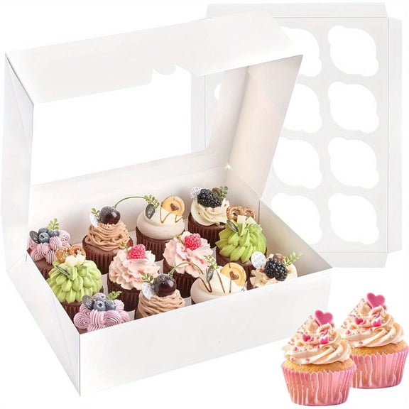 2 Pack 12-Count White Cupcake Boxes with Clear Windows & Inserts, Disposable Cupcake Carriers for Muffins, Pastries & Treats, 13 x 10 x 4 Inches